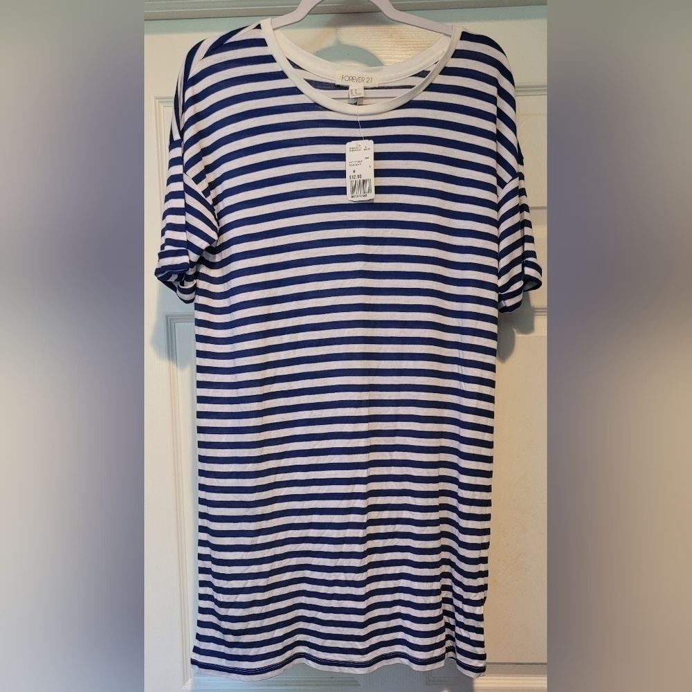 Forever 21 NWT Womens Knit Short Sleeve Royal Blue & White Striped T-Shirt Dress
